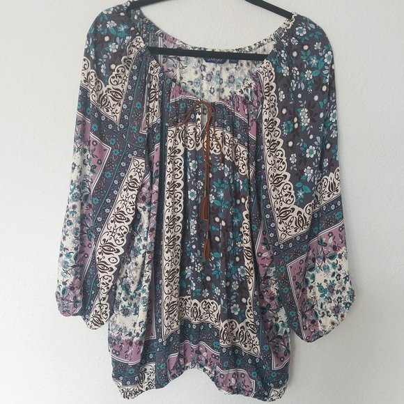 Great Northwest Indigo Boho Cotton Multi Floral Patchwork Print Cotton Blouse - Picture 1 of 10